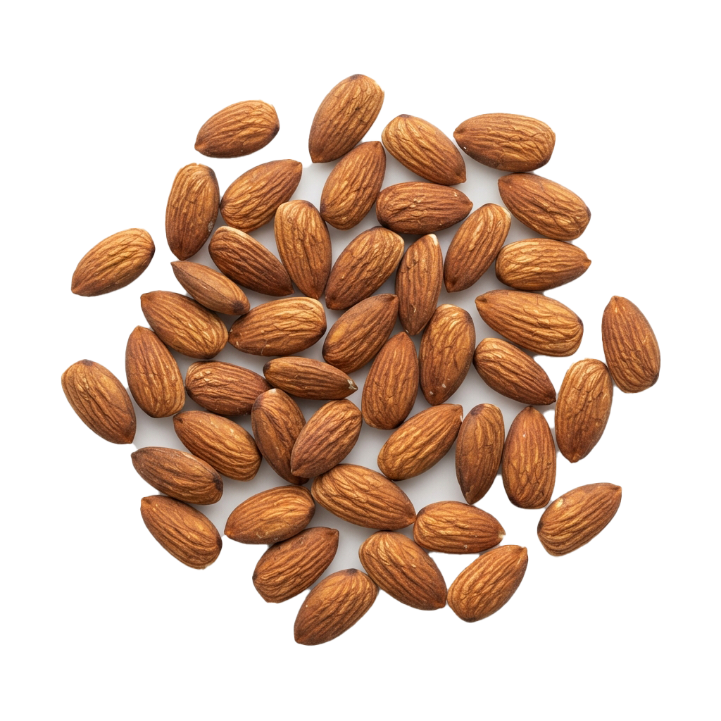 A collection of whole natural almonds spread out on a white surface