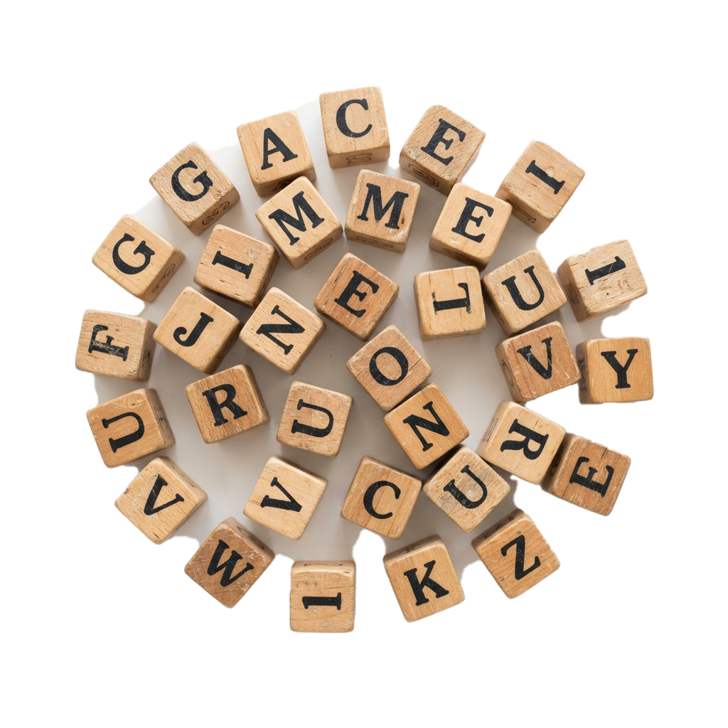 Scattered wooden blocks with letters forming partial words on a dark background