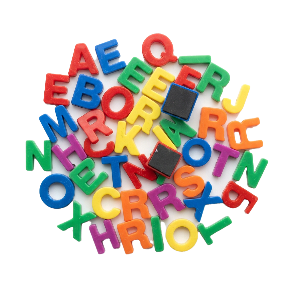 Assorted colorful magnetic letters scattered on a white background