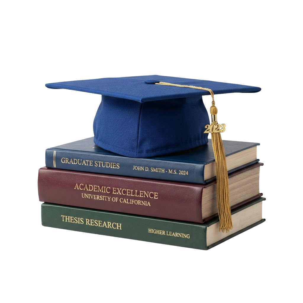 Blue graduation cap with tassel on top of three books labeled Graduate Studies, Academic Excellence, and Thesis Research