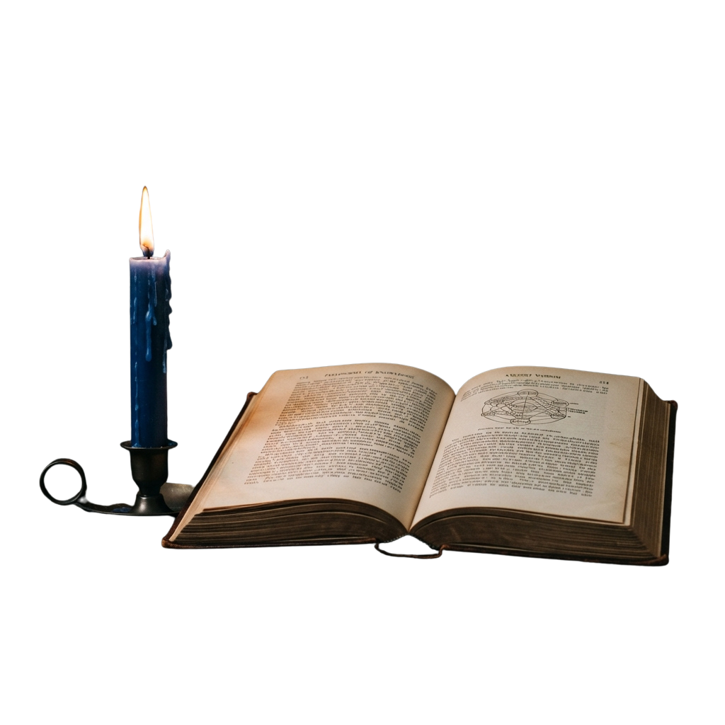 Open book with candle providing light on a dark background
