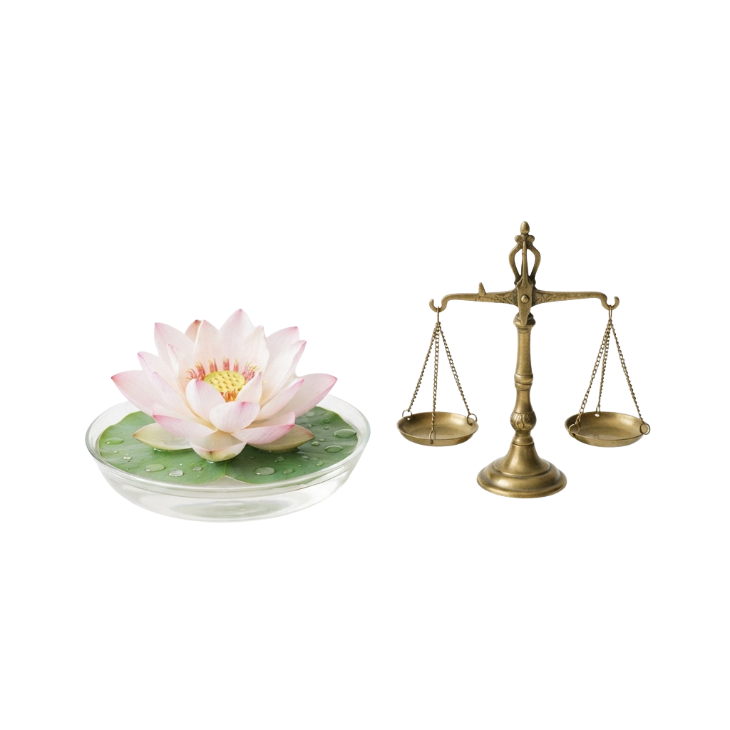 A golden balance scale next to a white lotus flower on a green lily pad