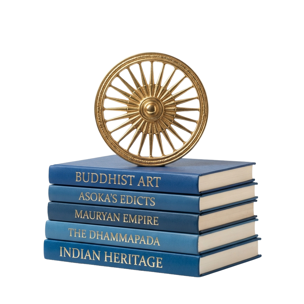 Stack of blue books labeled Buddhist art, Asoka's edicts, Mauryan Empire, Dhammapada, and Indian heritage with a golden Dharma Chakra on top