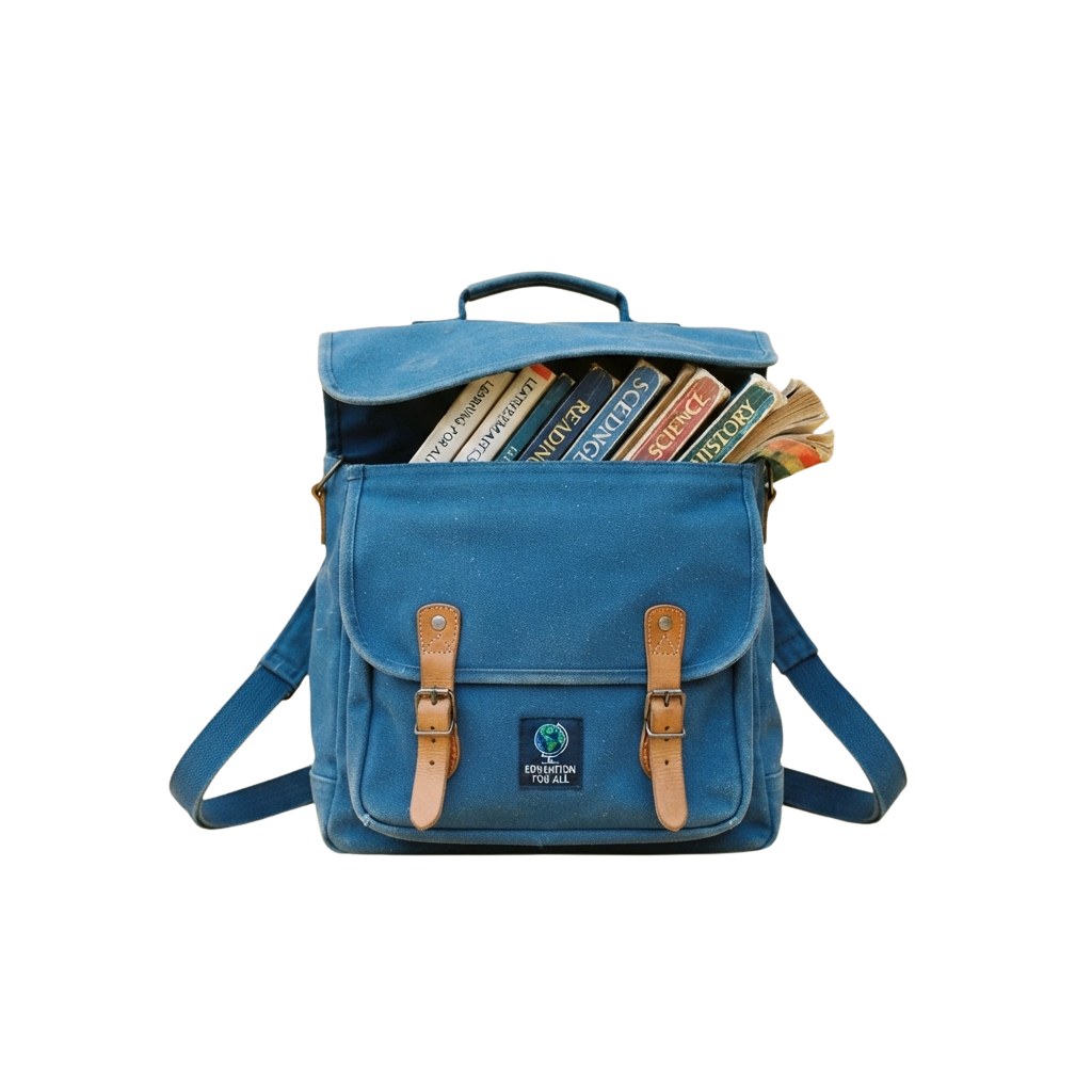 Blue backpack with leather buckles and straps, partially filled with books and a notebook