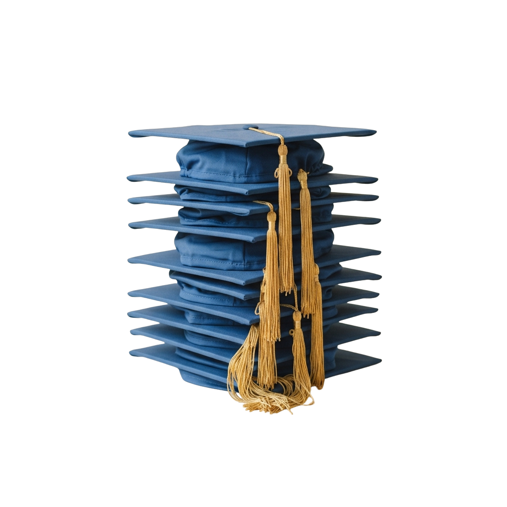 A stack of blue graduation caps with gold tassels arranged in layers
