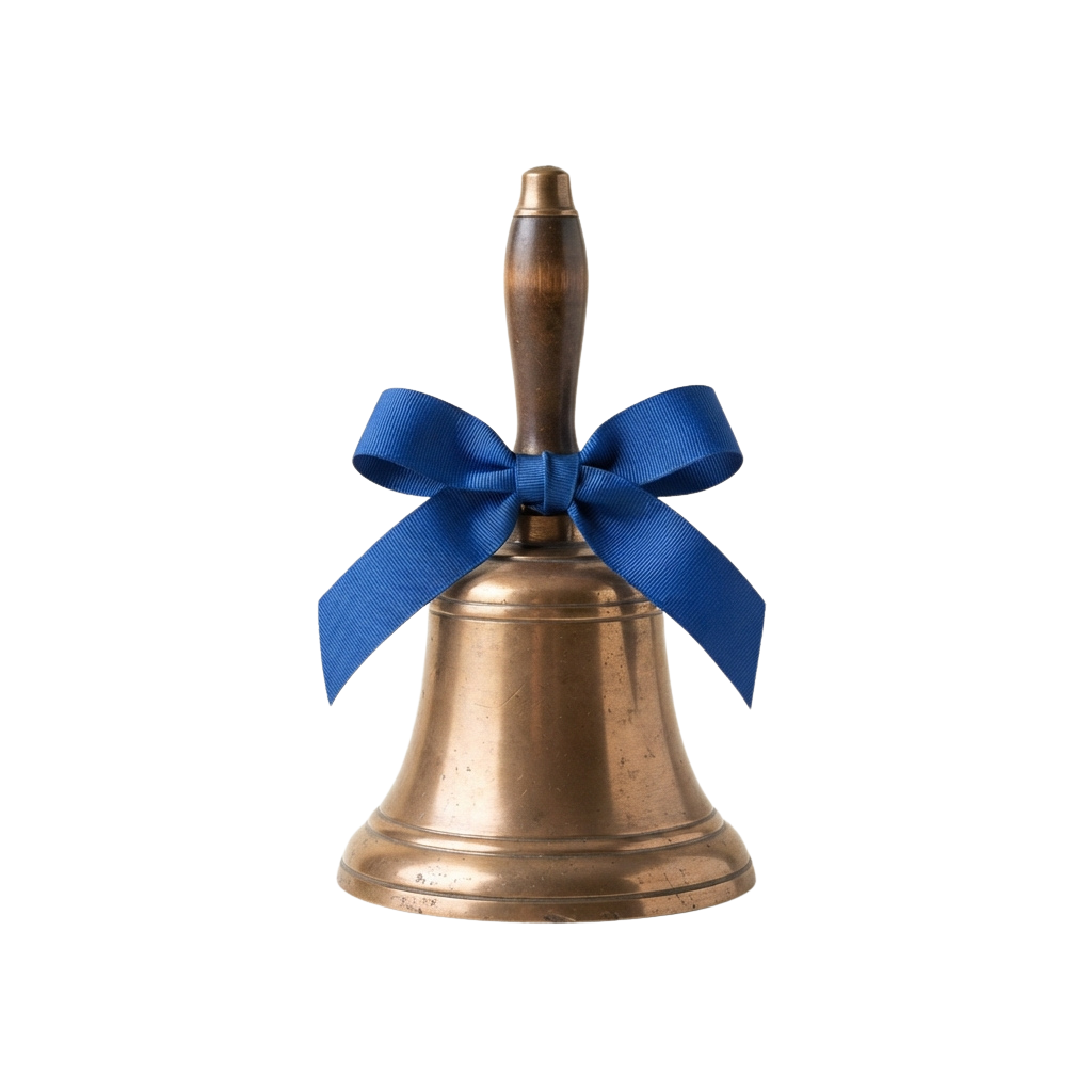 A polished copper-colored bell tied with a bright blue ribbon bow
