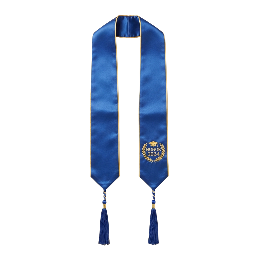 Blue graduation honor cord with gold laurel and mortarboard emblem, tassels at bottom