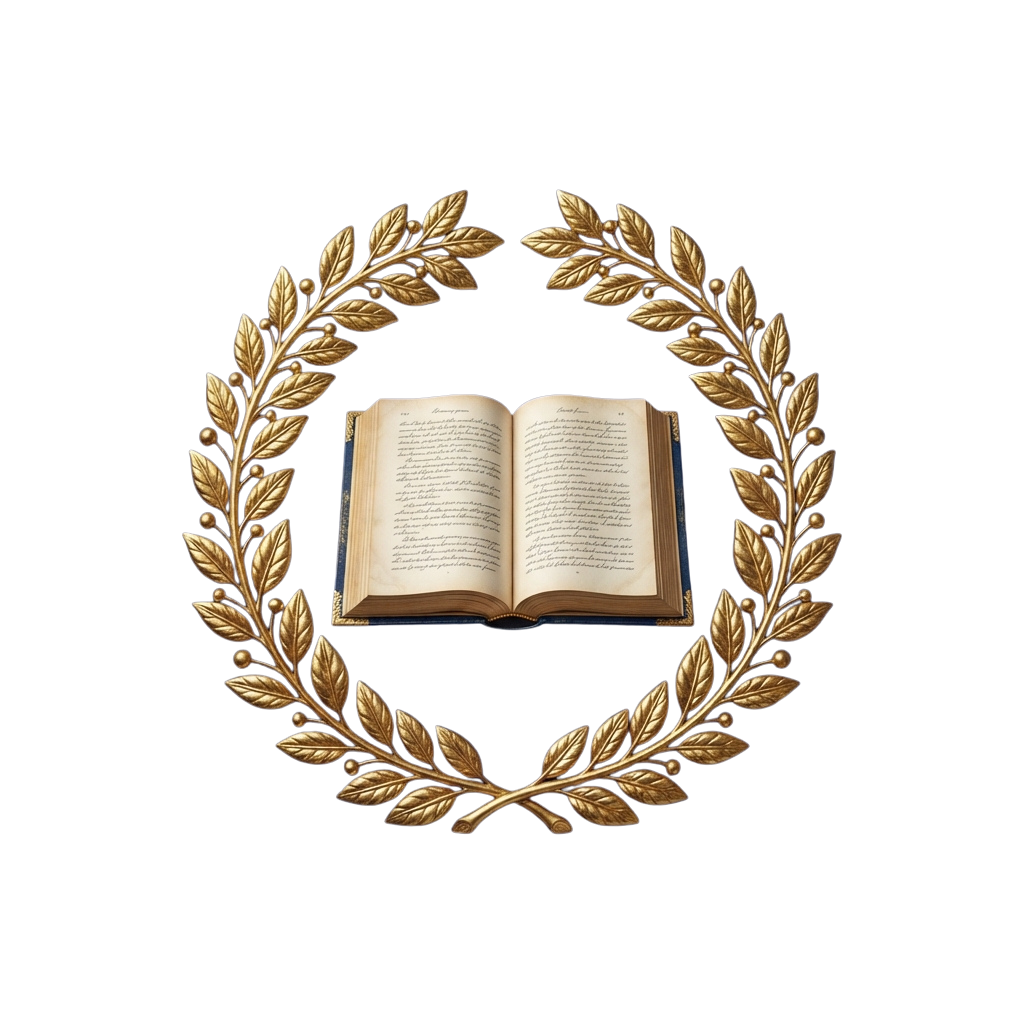 An open book centered within a golden laurel wreath on a dark background.