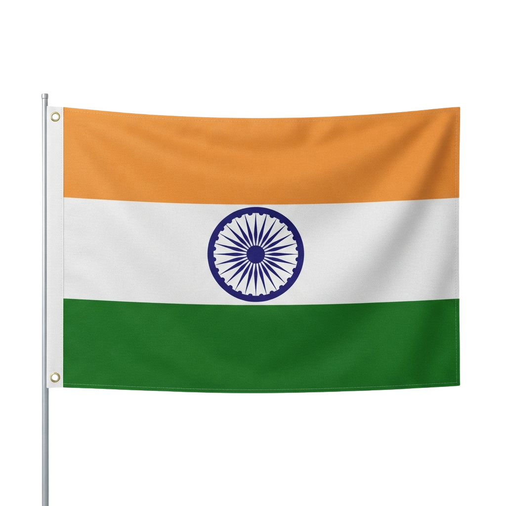 Indian flag featuring three horizontal stripes in saffron, white, and green with a navy blue Ashok Chakra in the center