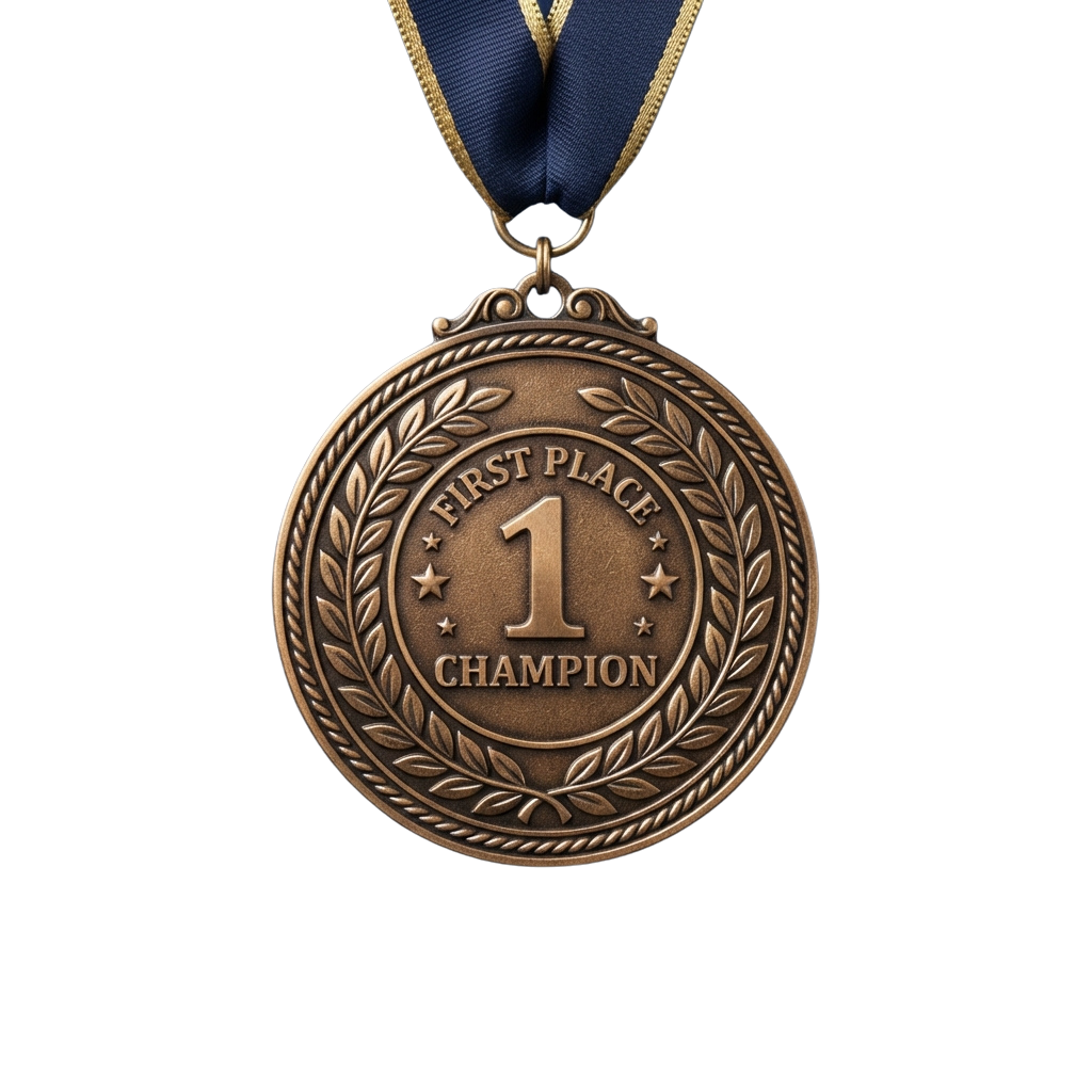 A gold-colored medal with a laurel wreath design and the text First Place Champion and number 1