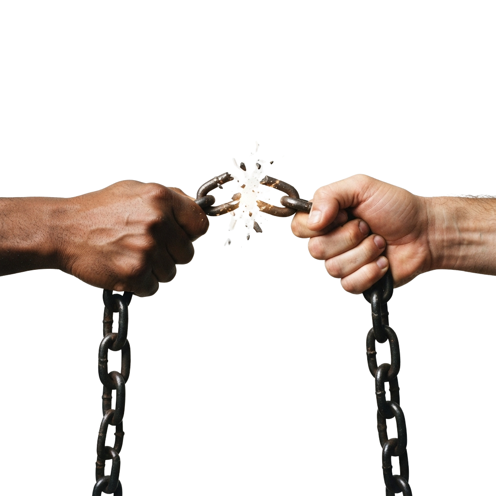 Two hands gripping and breaking a chain link apart with visible force