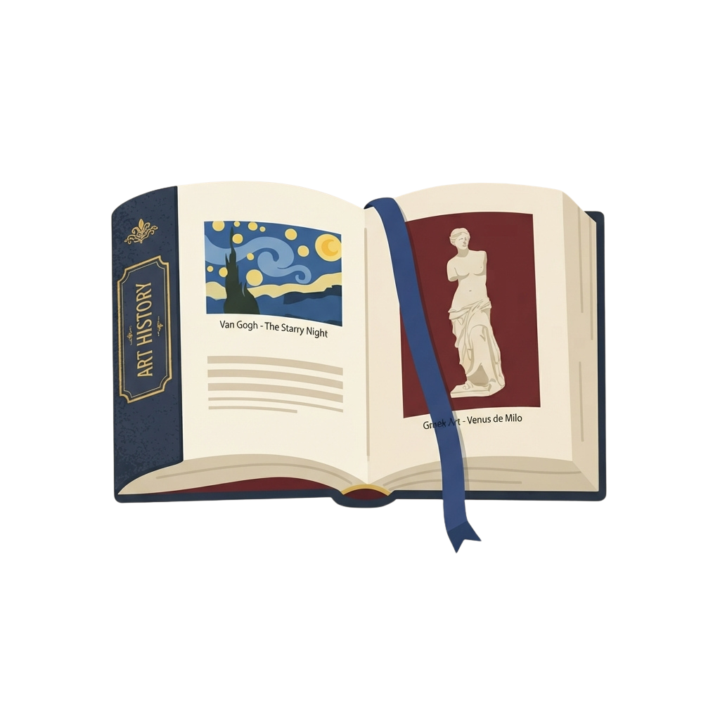 Open art history book displaying Starry Night painting and Venus de Milo statue illustrations