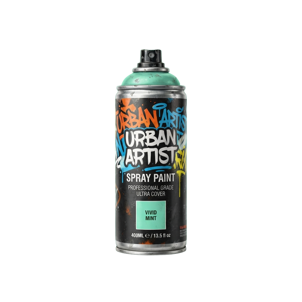Aerosol spray paint can in vivid mint color labeled urban artist professional grade spray paint 400ml.