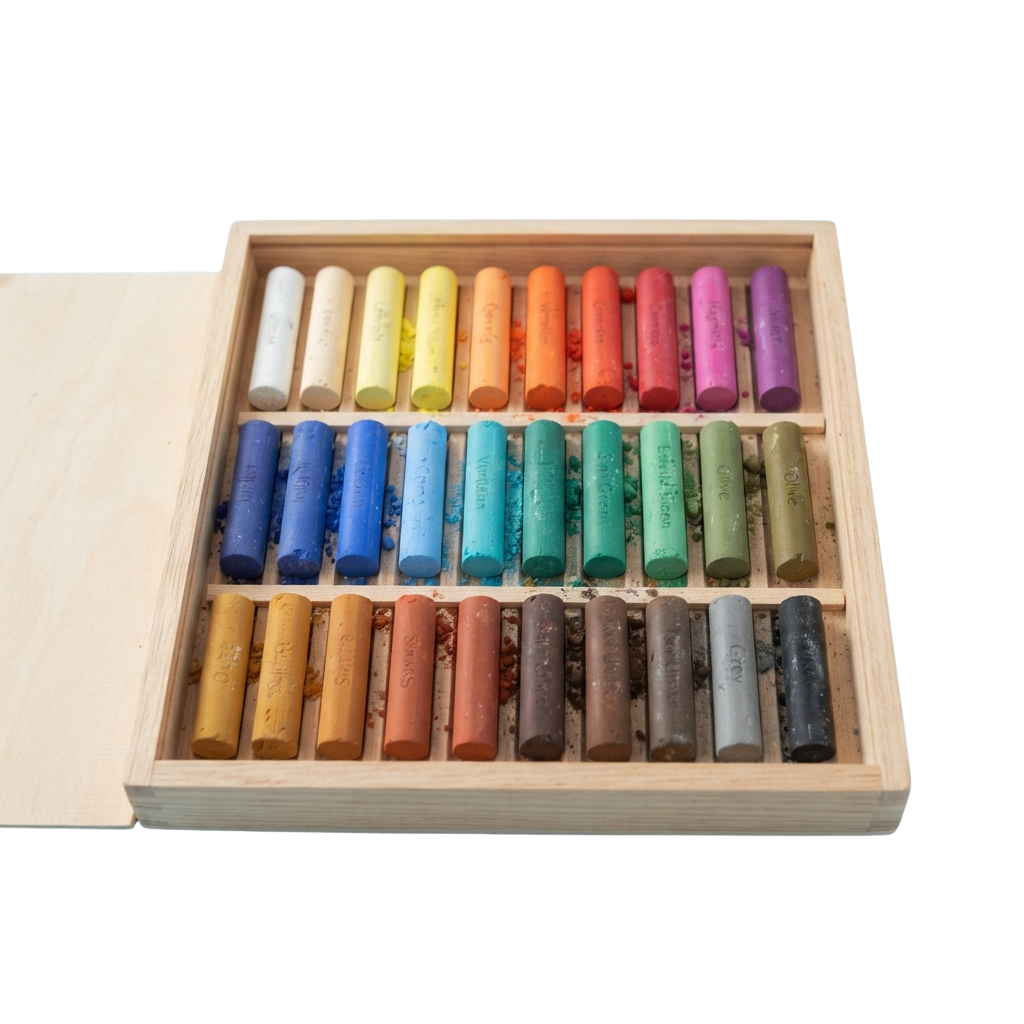 A wooden box containing 30 pastel chalks in various colors arranged in rows