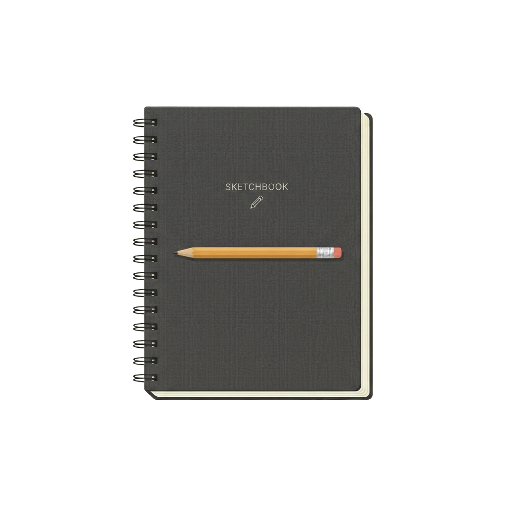 A dark gray spiral-bound sketchbook with a pencil resting on top of the cover.