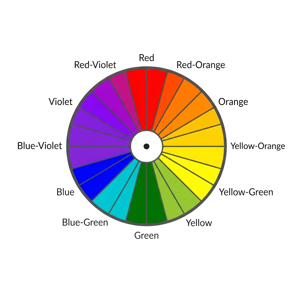 A circular color wheel displaying the rainbow spectrum with labeled color segments