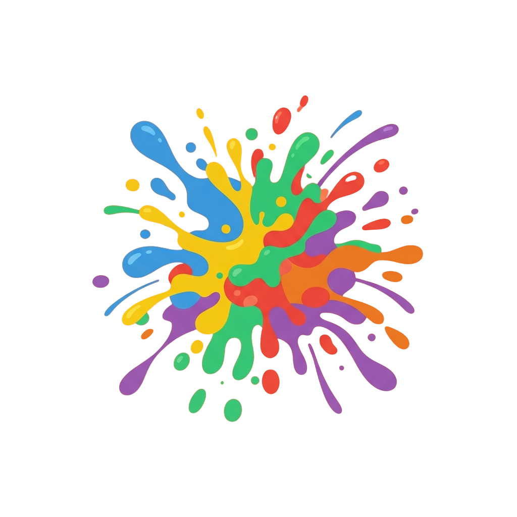 A colorful, abstract splatter paint design with bright blue, yellow, green, orange, red, and purple shapes on a black background
