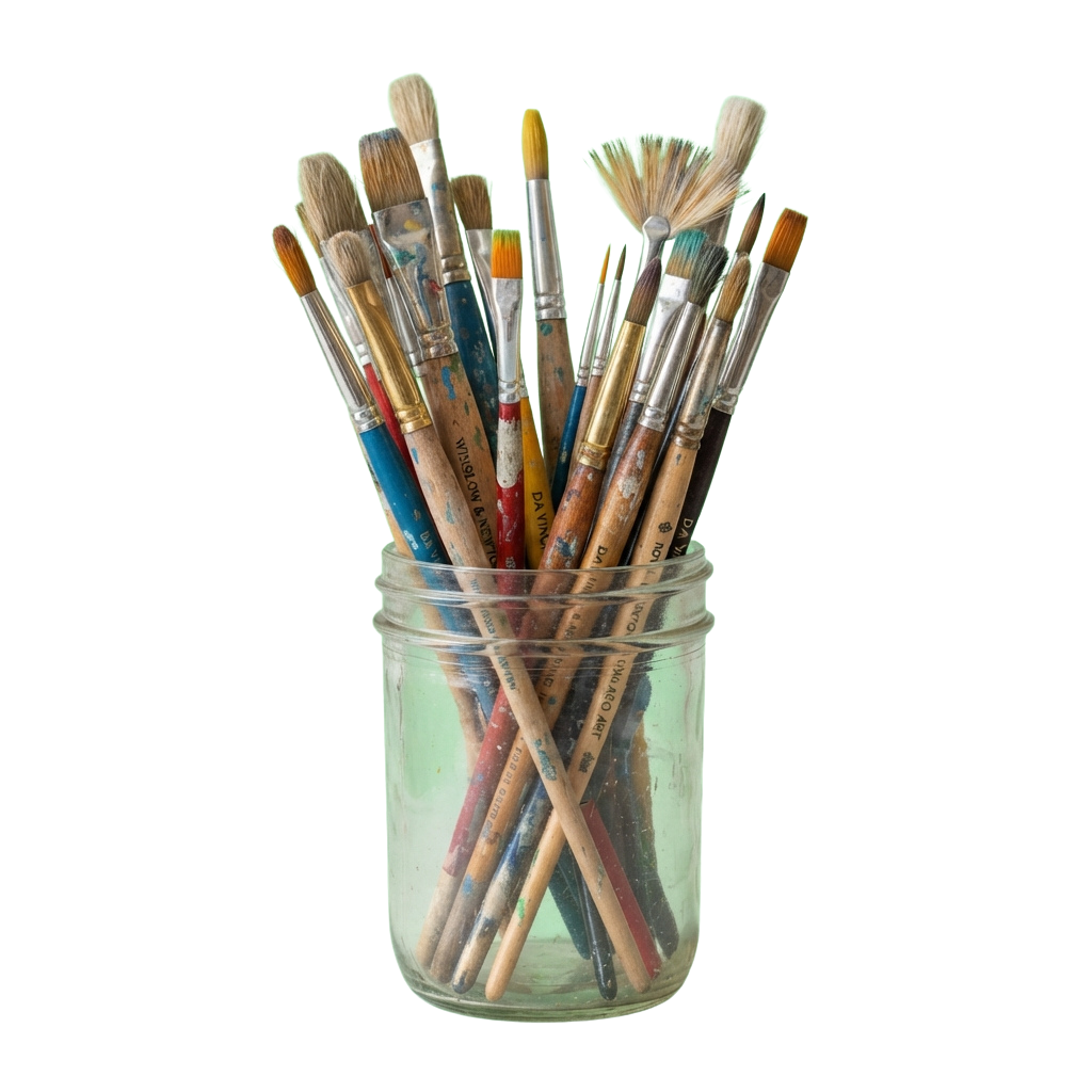 A clear jar holding a variety of paintbrushes with different bristle types and sizes