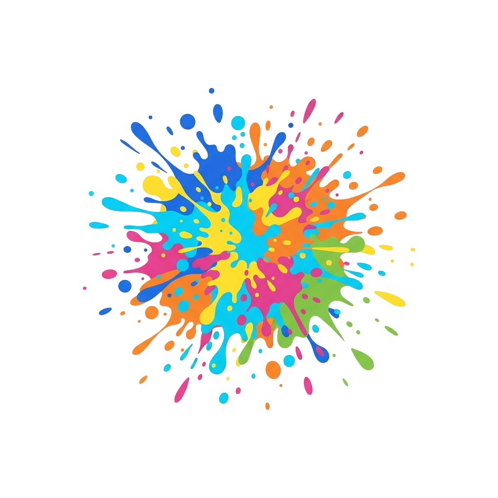 A bright, colorful abstract splash design with blue, orange, pink, and yellow hues on a black background