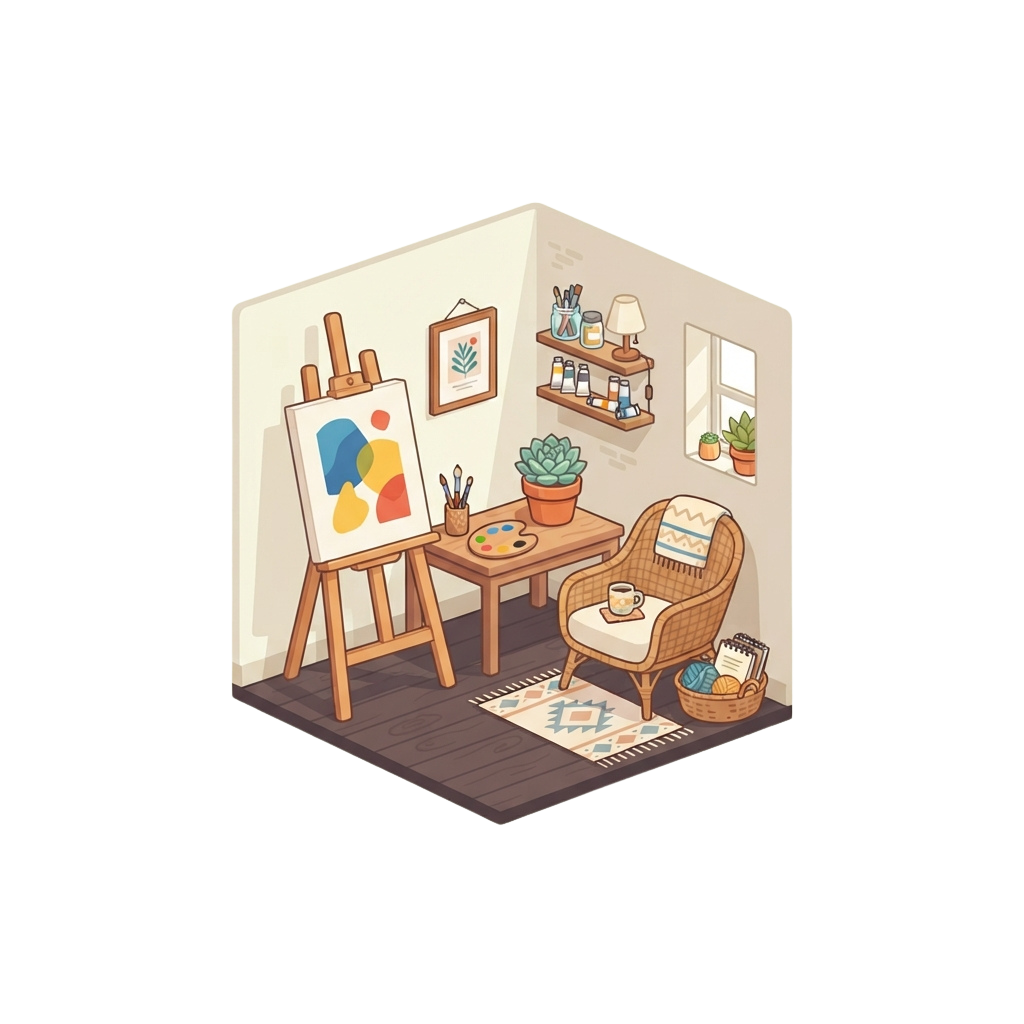 An isometric illustration of a cozy artist studio featuring an easel with a colorful painting, a small table with art supplies, a wicker chair, and decorative plants.