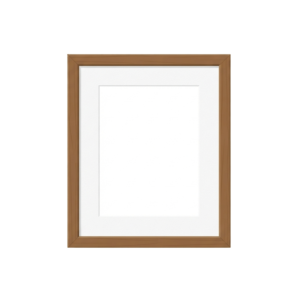 An empty wooden frame with a light mat, set against a black background