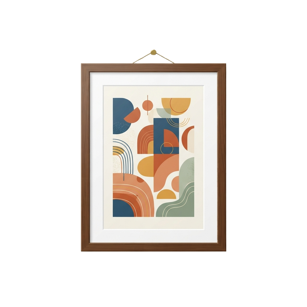 Framed abstract artwork featuring colorful geometric shapes and fluid lines in blue, orange, and green tones