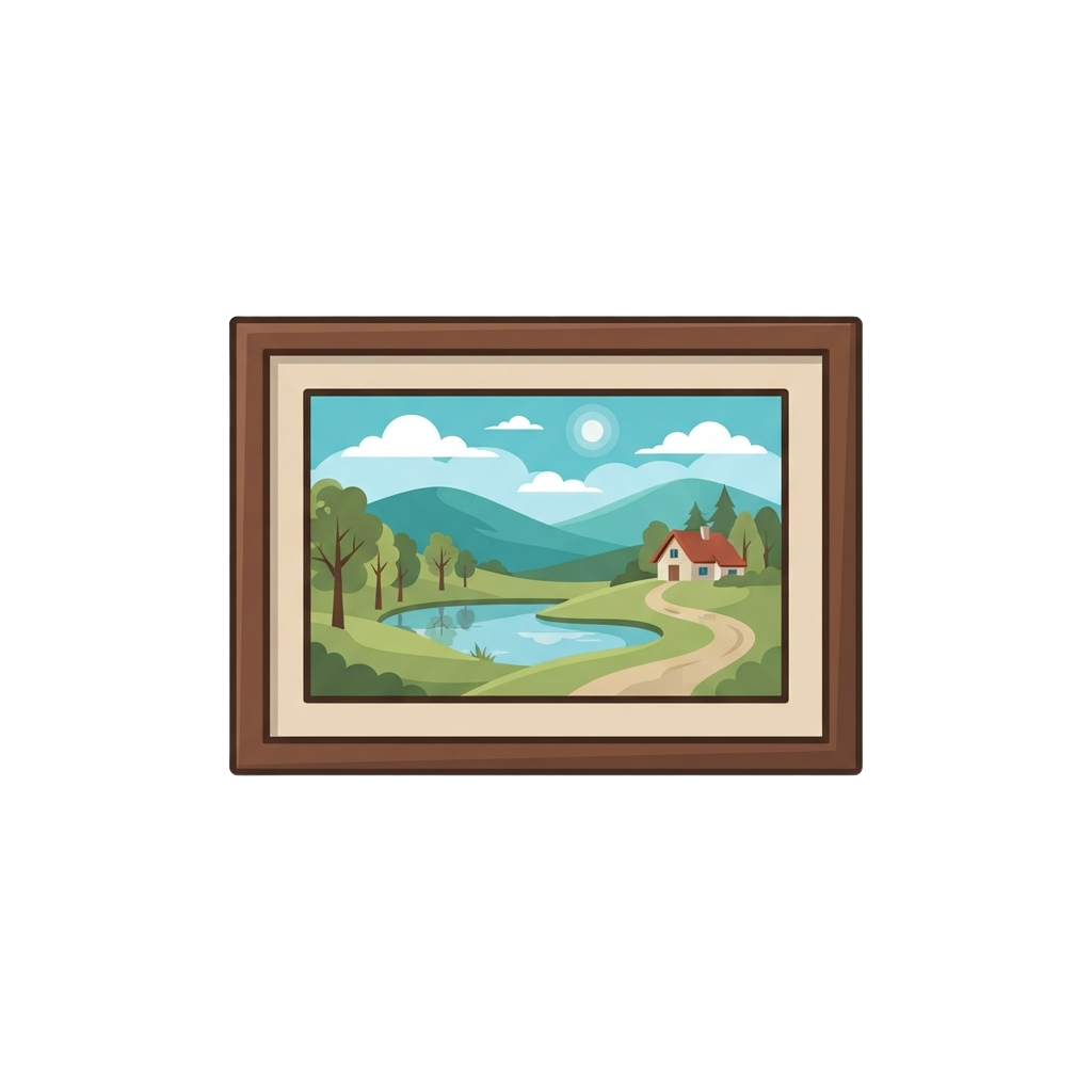 Illustration of a serene countryside scene featuring a house, pond, winding path, and mountains under a blue sky with clouds and a moon.
