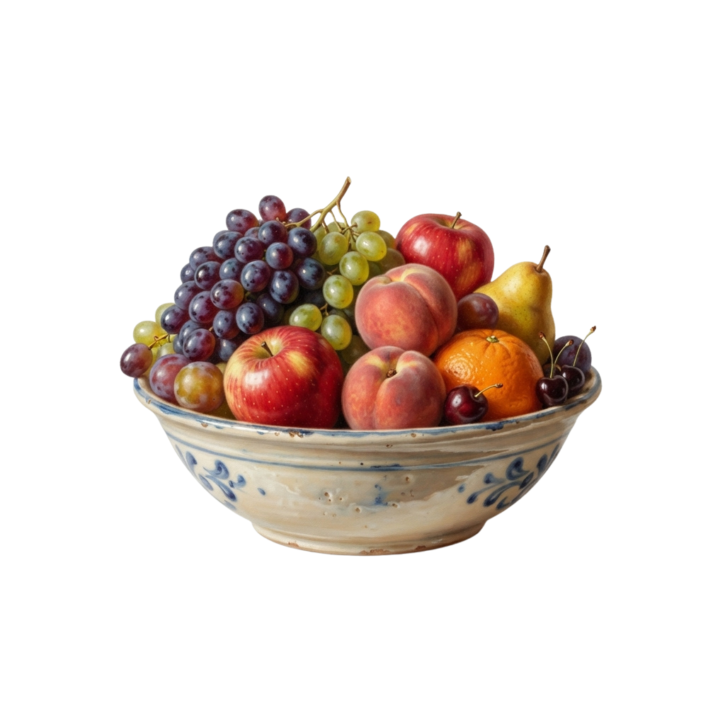 Ceramic bowl filled with apples, peaches, grapes, pears, and oranges