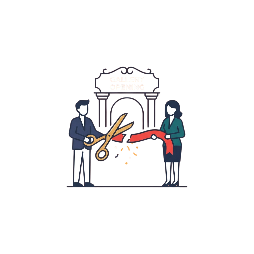 Two people cutting a red ribbon in front of a gallery opening sign