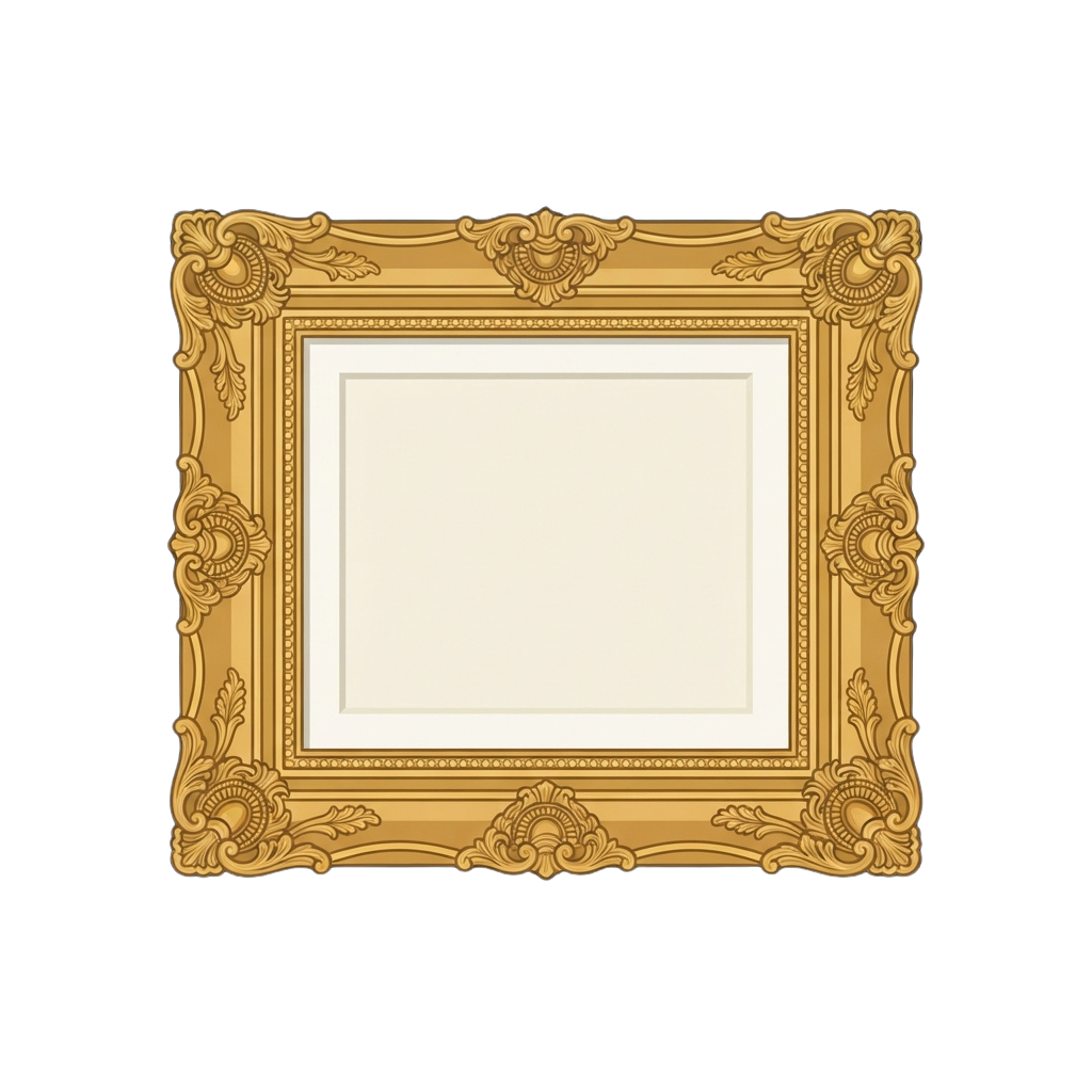 An ornate gold-colored picture frame with intricate decorative patterns around the edges