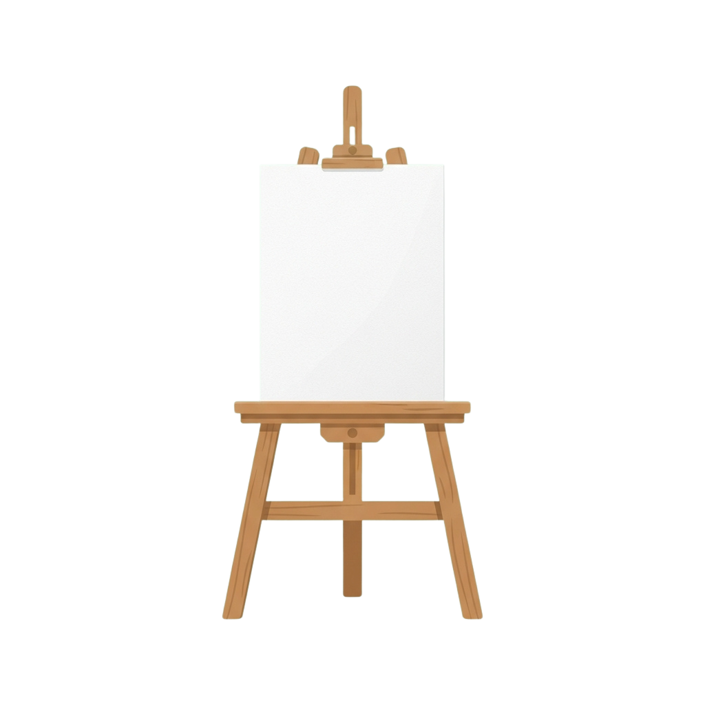 A wooden easel holding a blank white canvas against a black background