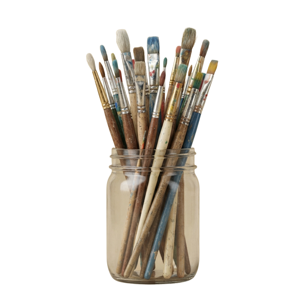A collection of various paintbrushes stored upright in a glass jar