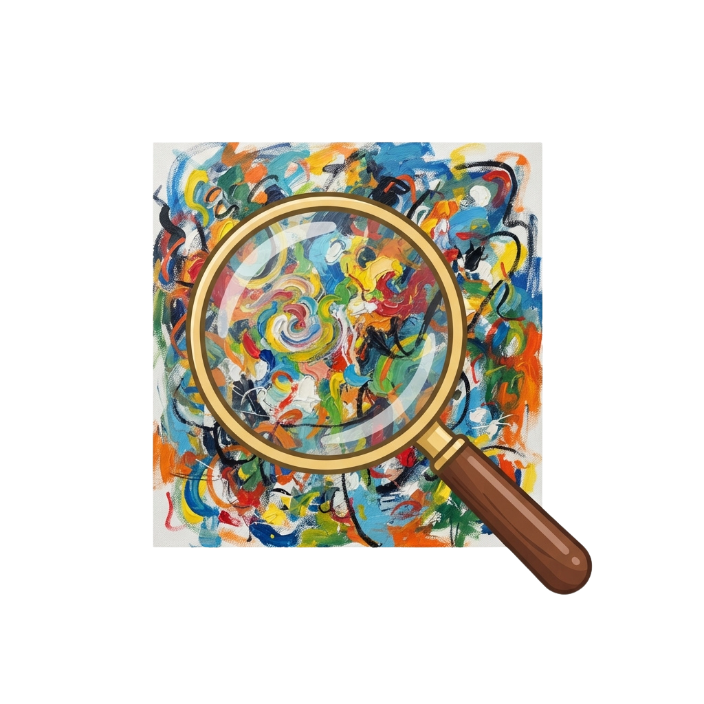 A magnifying glass focusing on a vibrant abstract painting with swirling colors