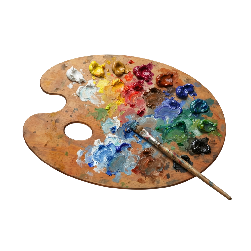 Wooden artist palette with multiple paint colors and a brush resting on it