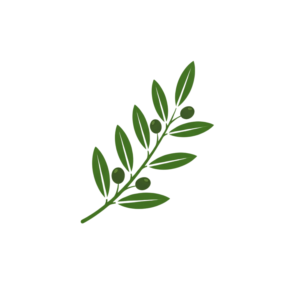 A stylized illustration of an olive branch with green leaves and small green olives