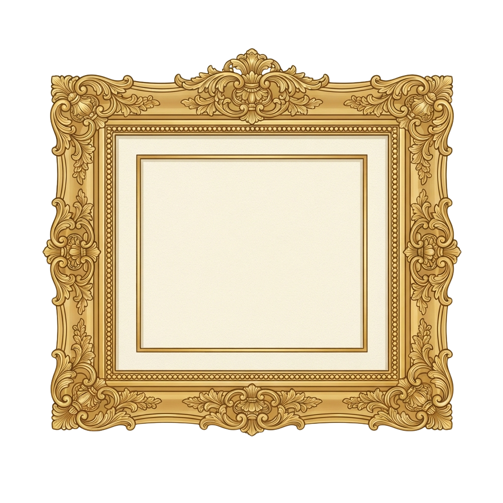 An intricately designed gold picture frame with detailed floral patterns and a rectangular matte center.