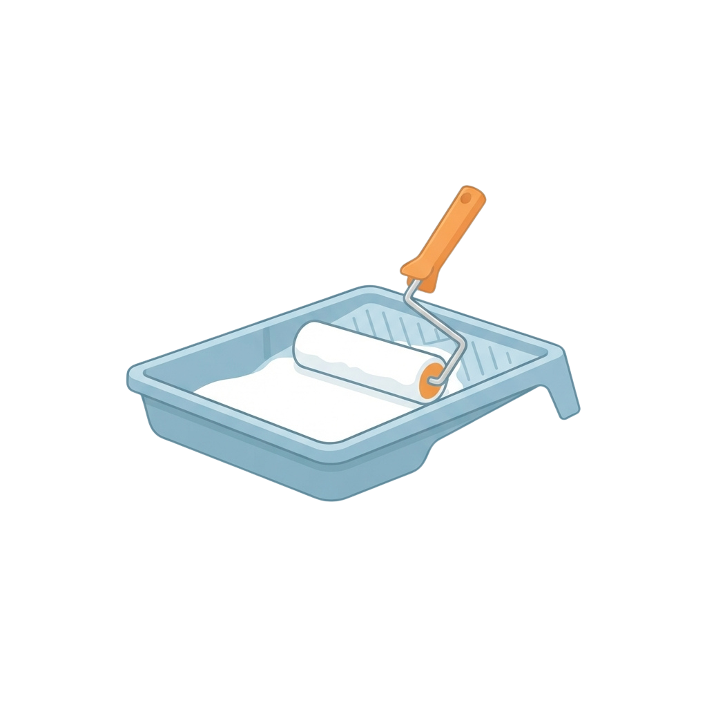 Illustration of a paint roller in a blue tray with white paint