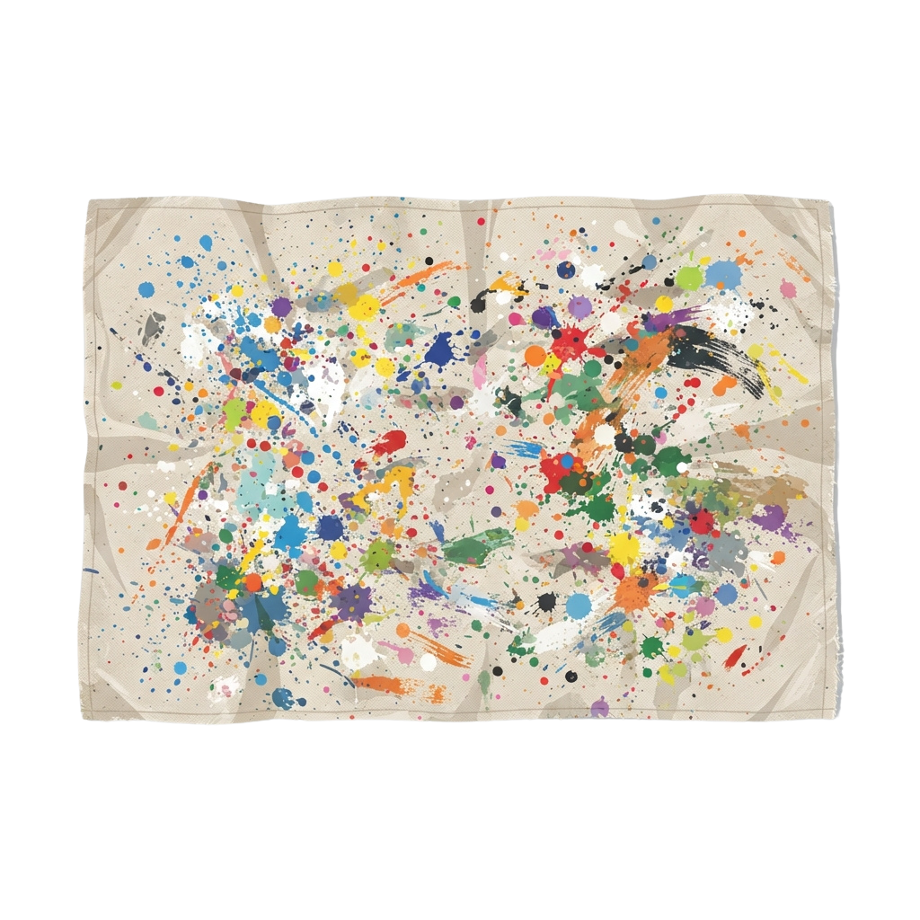 Vibrant abstract splatter painting on a textured, torn beige paper with multicolored dots and splashes
