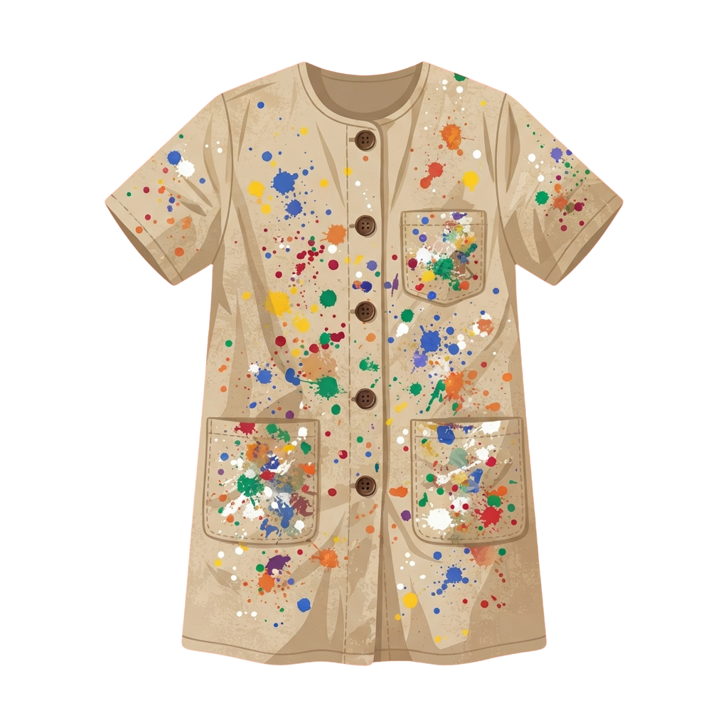Light beige children's dress with colorful paint splatters and four pockets