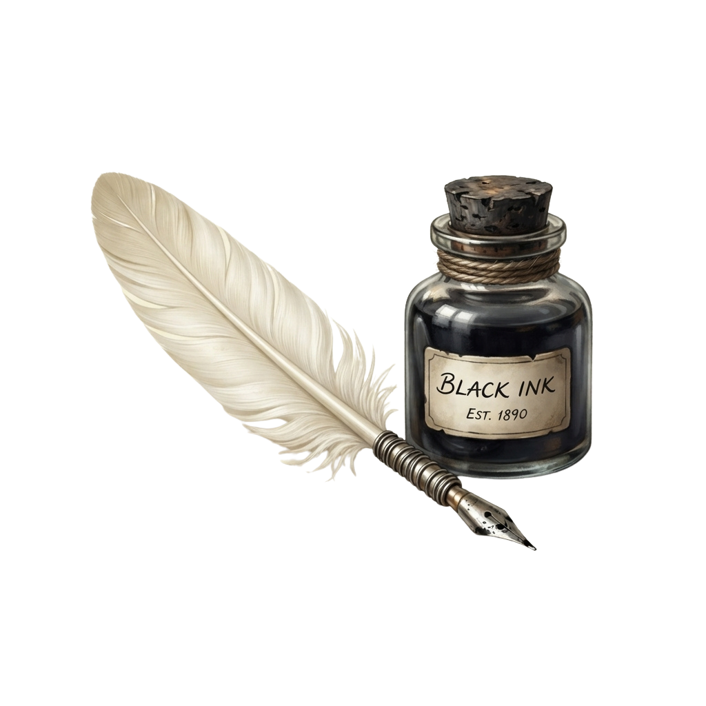 A white feather quill pen dipping into a glass bottle of black ink labeled Black Ink Est 1890