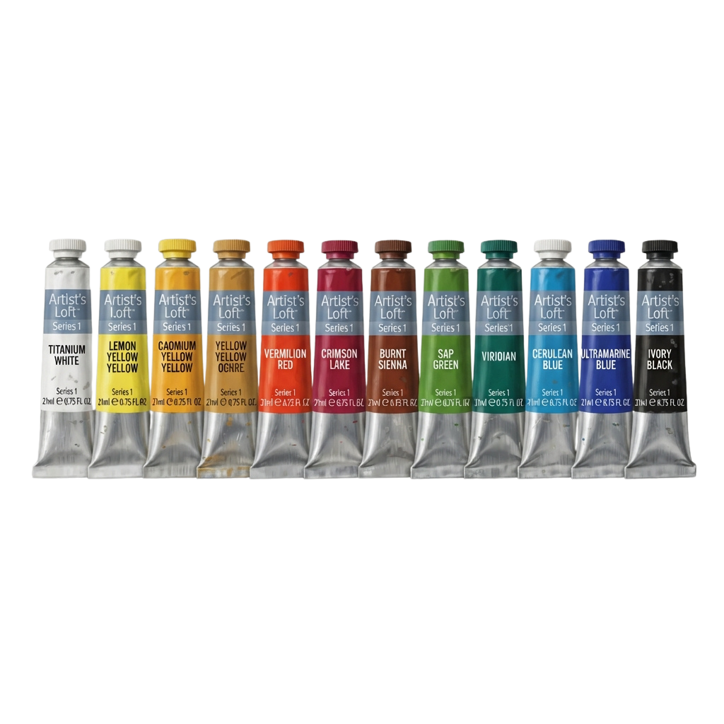 Twelve tubes of acrylic paint in various colors arranged in a row on a black background