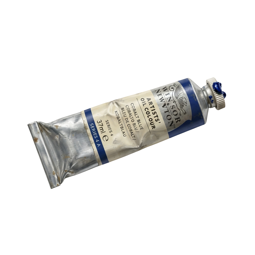 A tube of cobalt blue oil paint with a white and blue label, partially used.