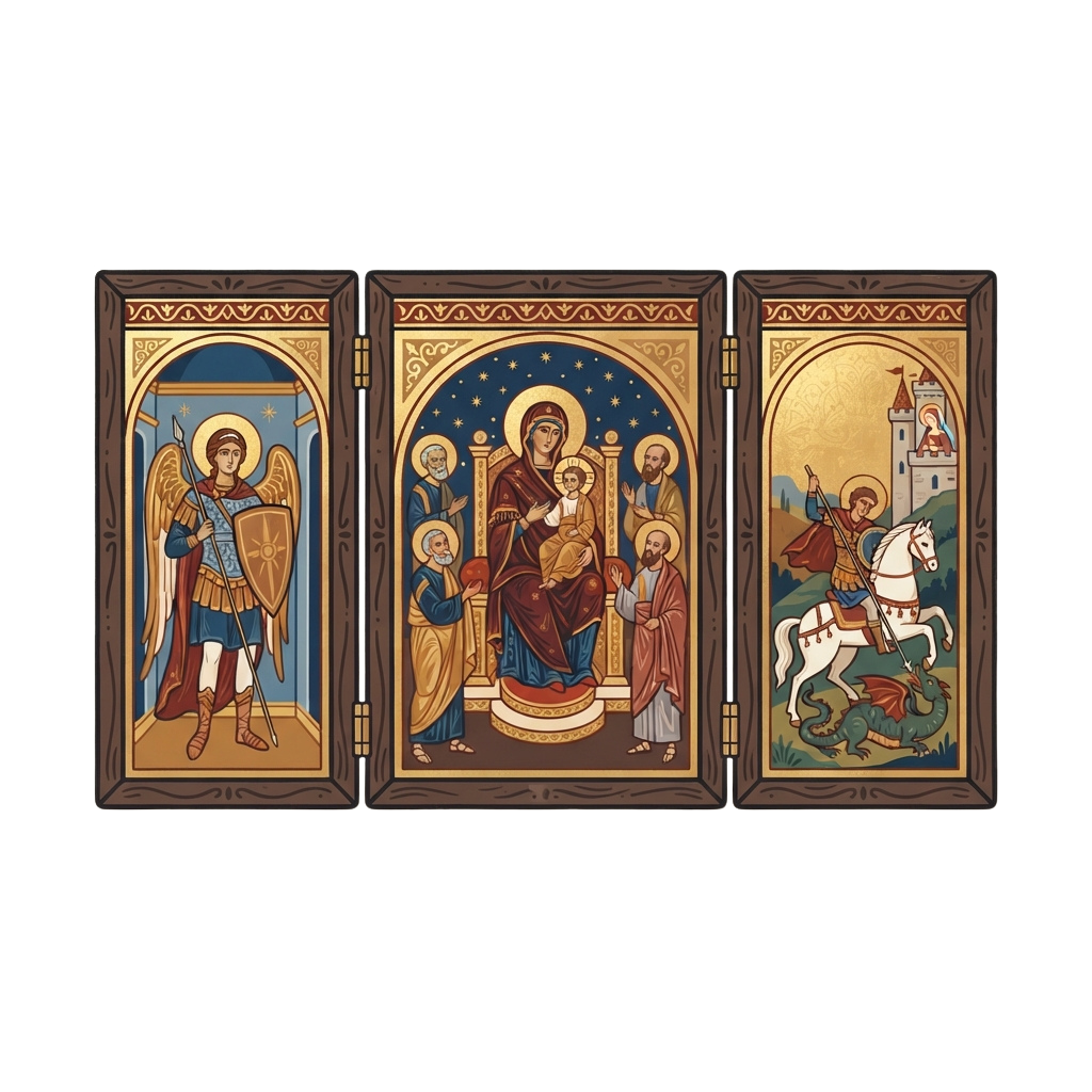 Triptych religious icon showing an angel, a nativity scene with Mary and Joseph, and a knight on horseback slaying a dragon