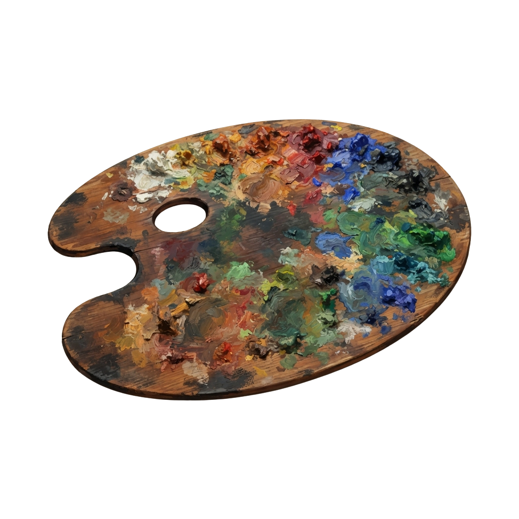 Wooden paint palette with various dried paint colors including blues, greens, reds, and yellows
