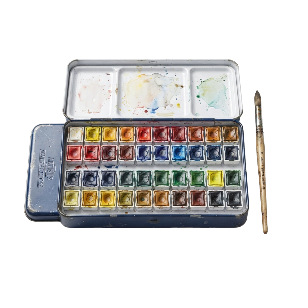 Open tin of watercolor paints with 24 individual pans and a brush