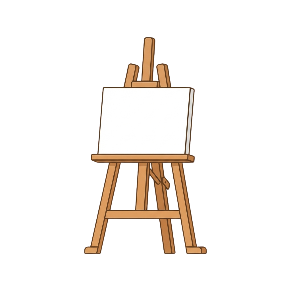 Illustration of a wooden easel with a blank canvas board attached