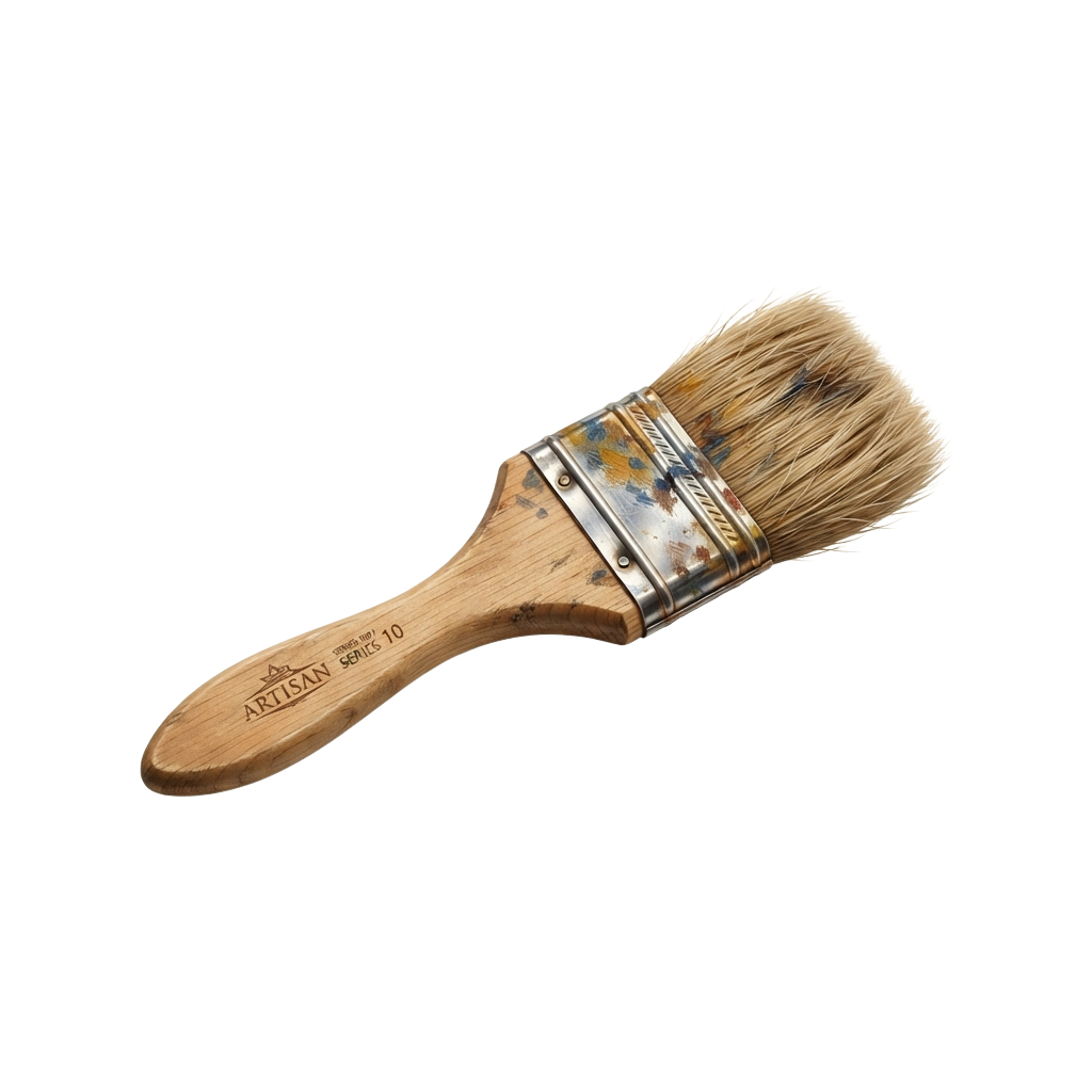 A wooden-handled paint brush with natural bristles, labeled Artisan Series 10