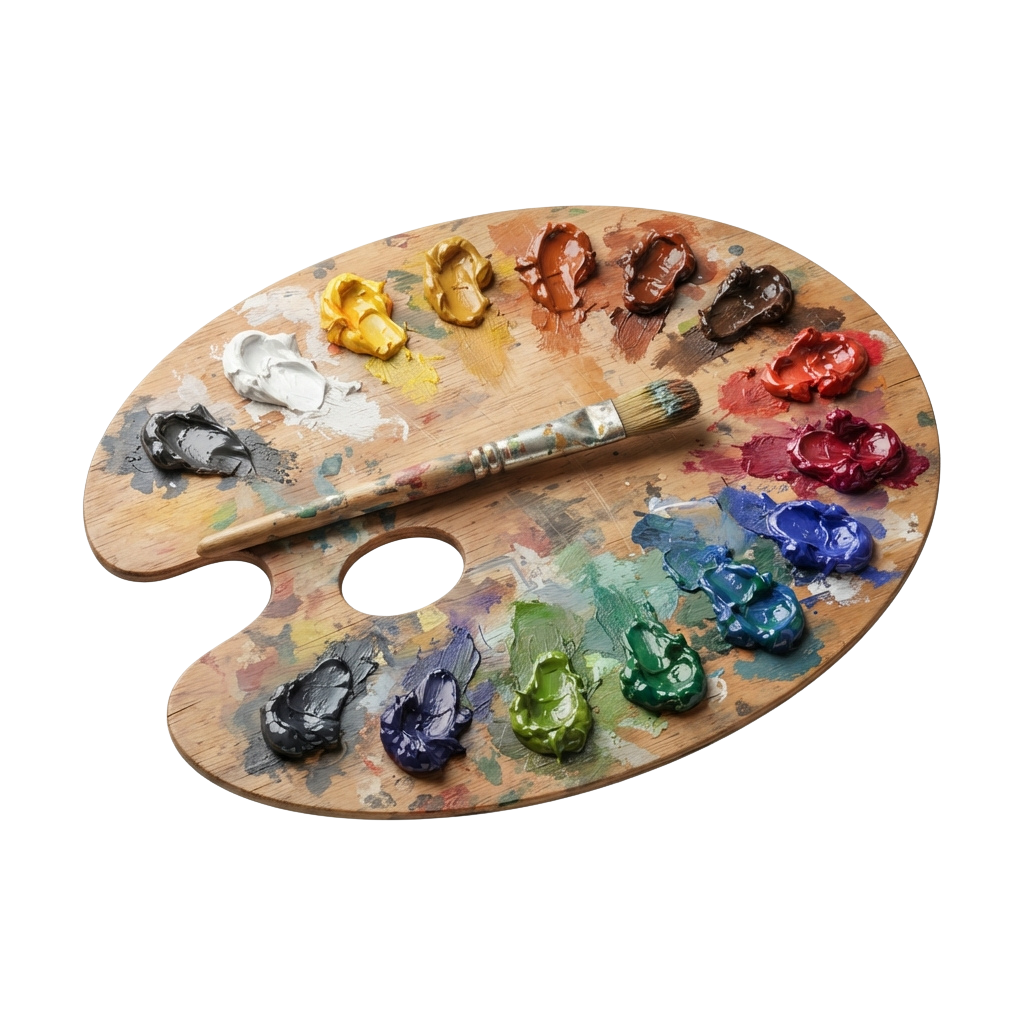 Wooden artist palette with various paint colors and a brush placed on top