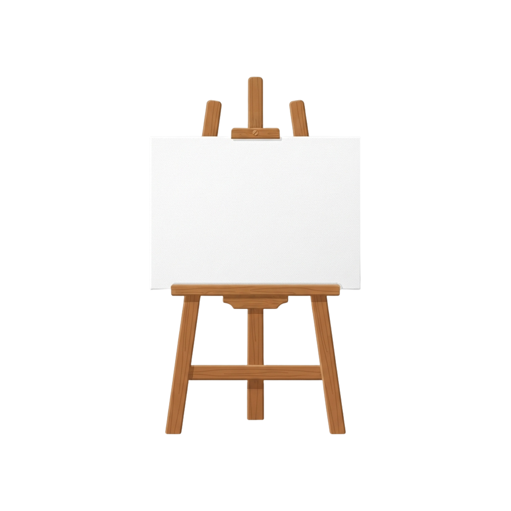 A wooden easel holding a blank white canvas against a black background