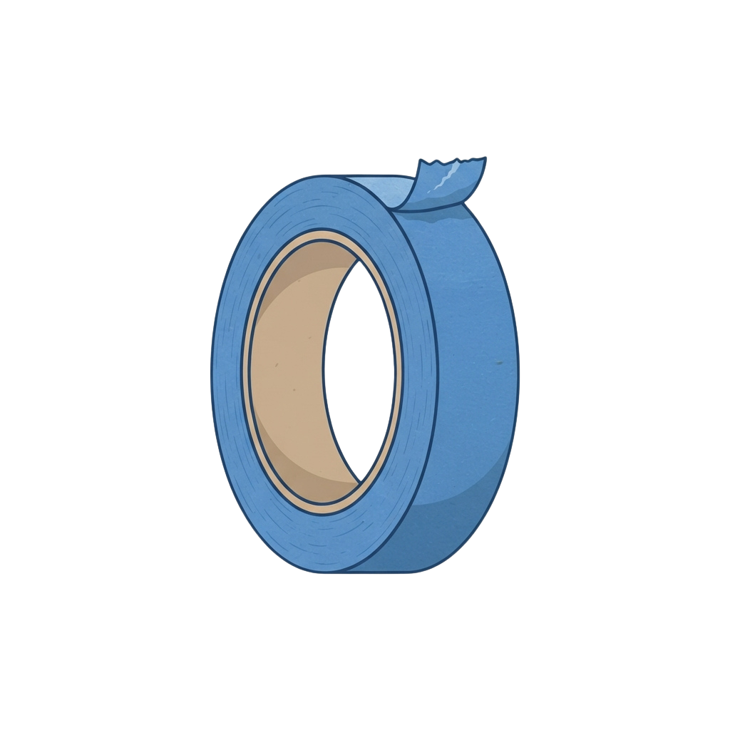 Illustration of a roll of blue duct tape with a beige inner core and a tab on top